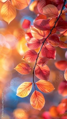 A branch with red leaves is shown in a blurry background