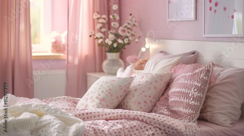 charming and cozy interior detail of beautiful teenage girls bedroom with stylish decor and personal touch