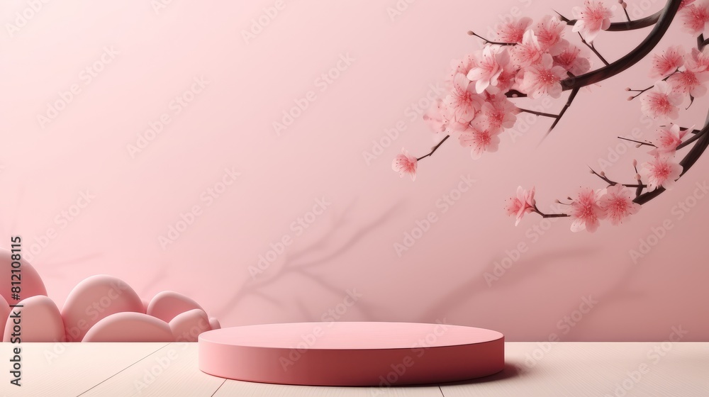 Round podium for cosmetic beauty product with cherry blossom flowers