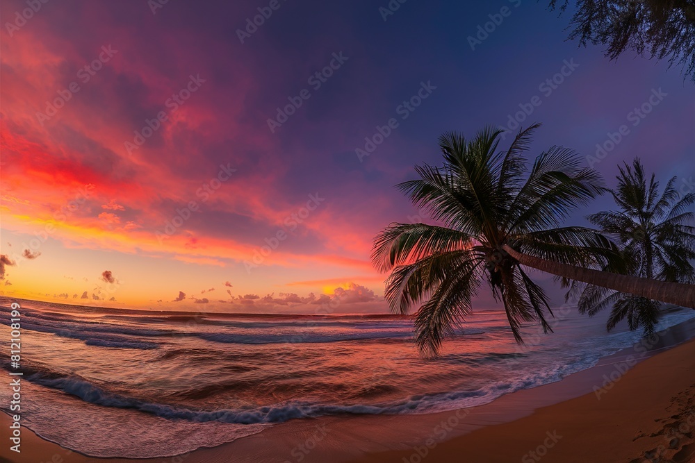 Fototapeta premium Beautiful sunset over the sea on tropical beach with palm tree and colorful sky