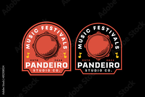tambourine music instrument badge logo vector for music festival, studio and entertainment