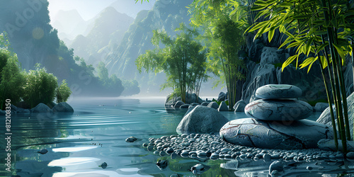 Asian Waterfall Landscape Wallpaper Moody Tonalism Serenity And Harmony photo