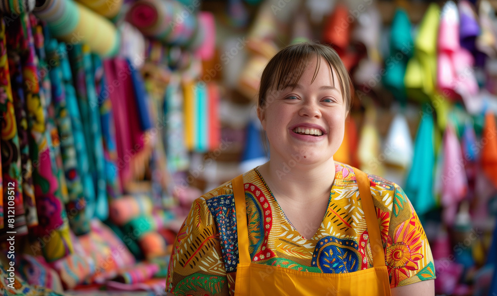 A young woman with Down syndrome works in a fabric store, full of joy and smiles. Her eyes shine with rays of enthusiasm as she serves customers with undisguised kindness.