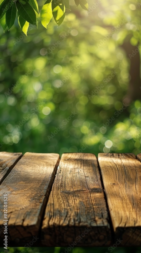 A wooden table with a green background. The table is empty and the background is full of trees A wooden table with a green background. The table is empty and the background is full of trees