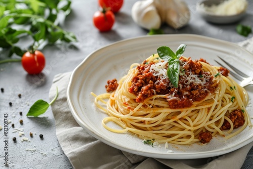 Pasta on a white plate on a gray background. Bolognese sauce. Popular Italian food, Ai generated