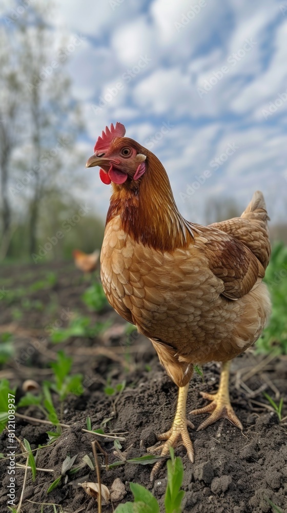 Fototapeta premium A chicken is standing in a field with green grass and brown dirt. The chicken is brown and white with a red beak