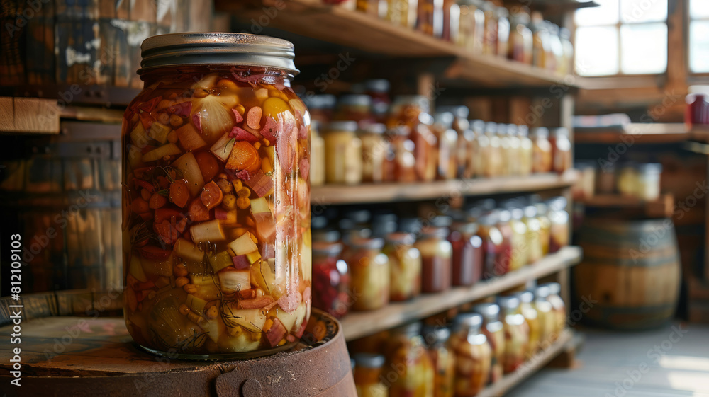 A jar of pickled vegetables on a shelf. A jar of pickled vegetables on a shelf.
