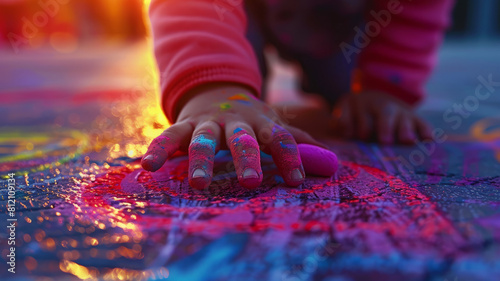 Child drawing with chalk on pavement.