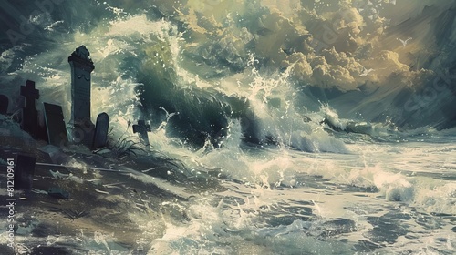 crashing ocean waves near cemetery shore abstract digital illustration photo