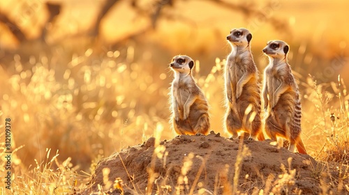 curious meerkats standing alert in golden african desert landscape wildlife photography