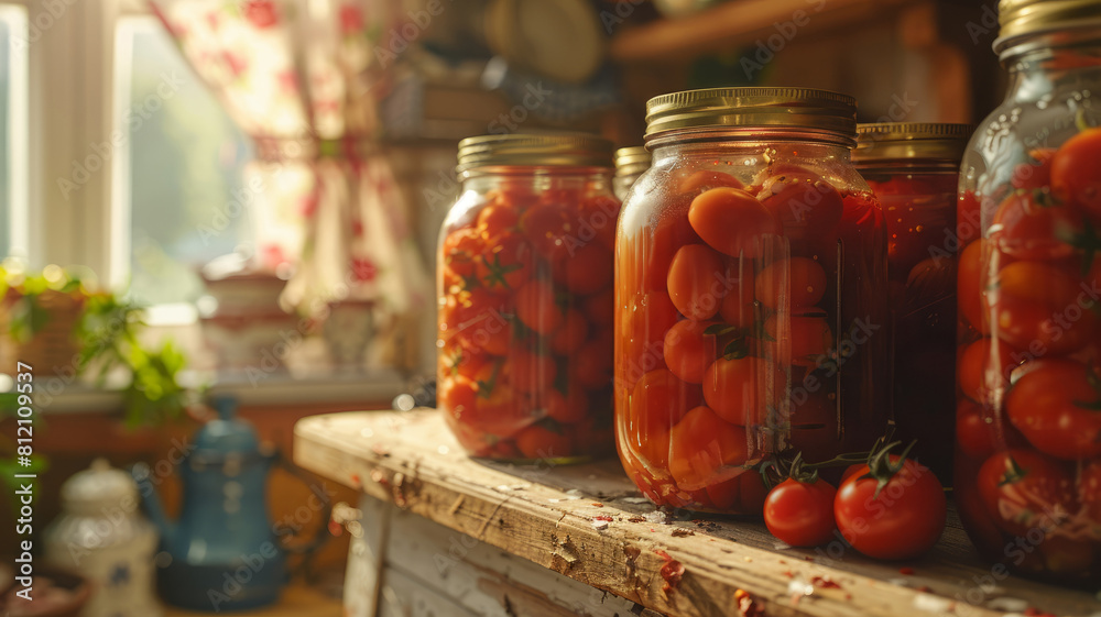 Jars of preserved tomatoes on shelf Jars of preserved tomatoes on shelf