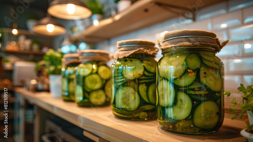 Pickled cucumbers in jars on kitchen shelf