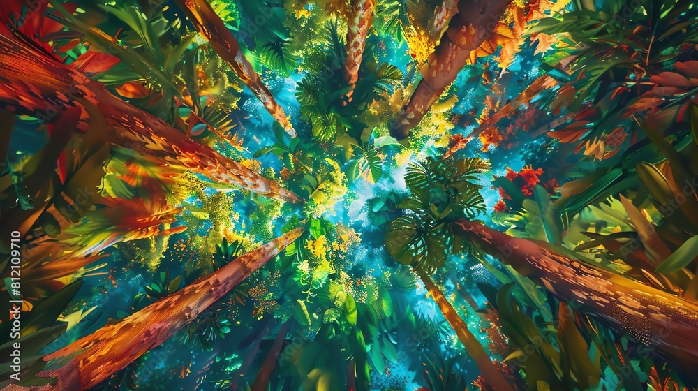 Capture an abstract, worms-eye view of a lush rainforest canopy in a vibrant, digital masterpiece blending radiant colors that reflect the essence of environmental conservation