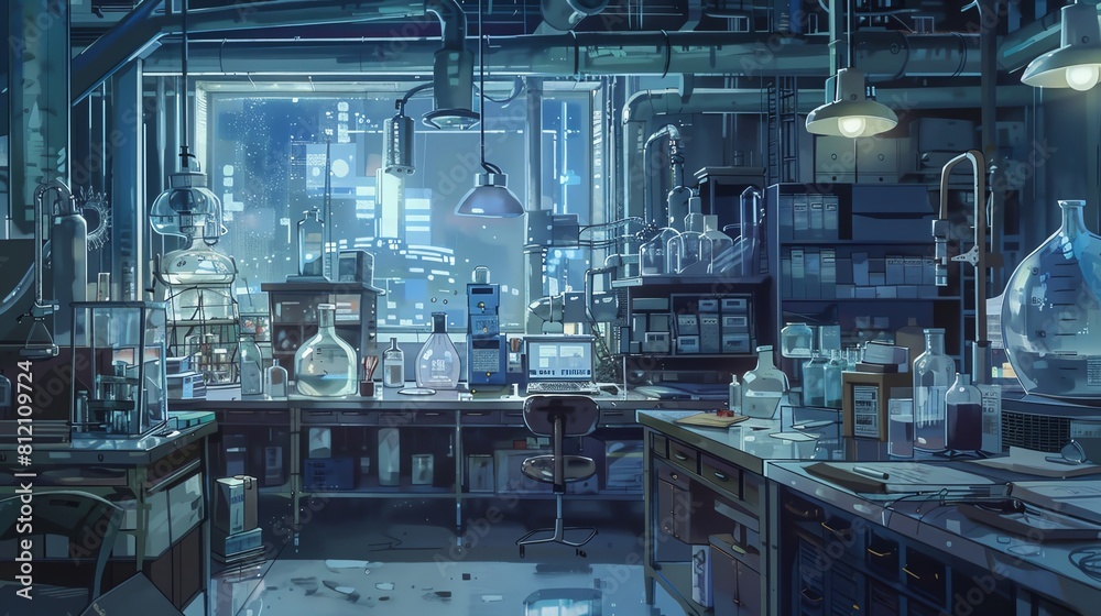 Capture a wide-angle view of a bustling scientific laboratory, blending traditional watercolor with digital CG 3D for a unique animation style that reveals unexpected camera angles Capture a wide-angle view of a bustling scientific laboratory, blending traditional watercolor with digital CG 3D for a unique animation style that reveals unexpected camera angles