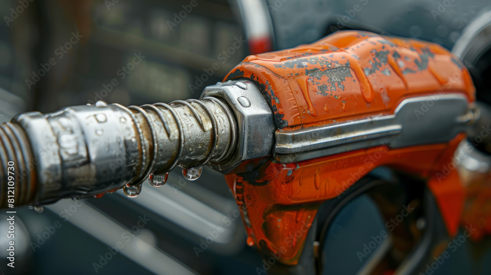 Close-up of a fuel nozzle at a gas station.