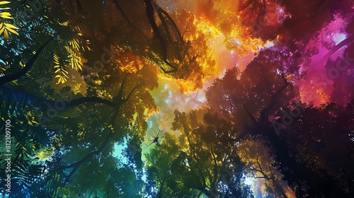 Capture an abstract, worms-eye view of a lush rainforest canopy in a vibrant, digital masterpiece blending radiant colors that reflect the essence of environmental conservation
