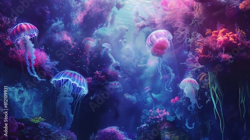 Capture the ethereal beauty of an underwater landscape filled with iridescent jellyfish and glowing coral reefs in a dreamlike  surrealist painting