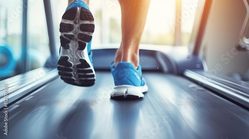 determined athletic man running on treadmill at gym or home fitness center motivational closeup of feet in motion healthy lifestyle concept
