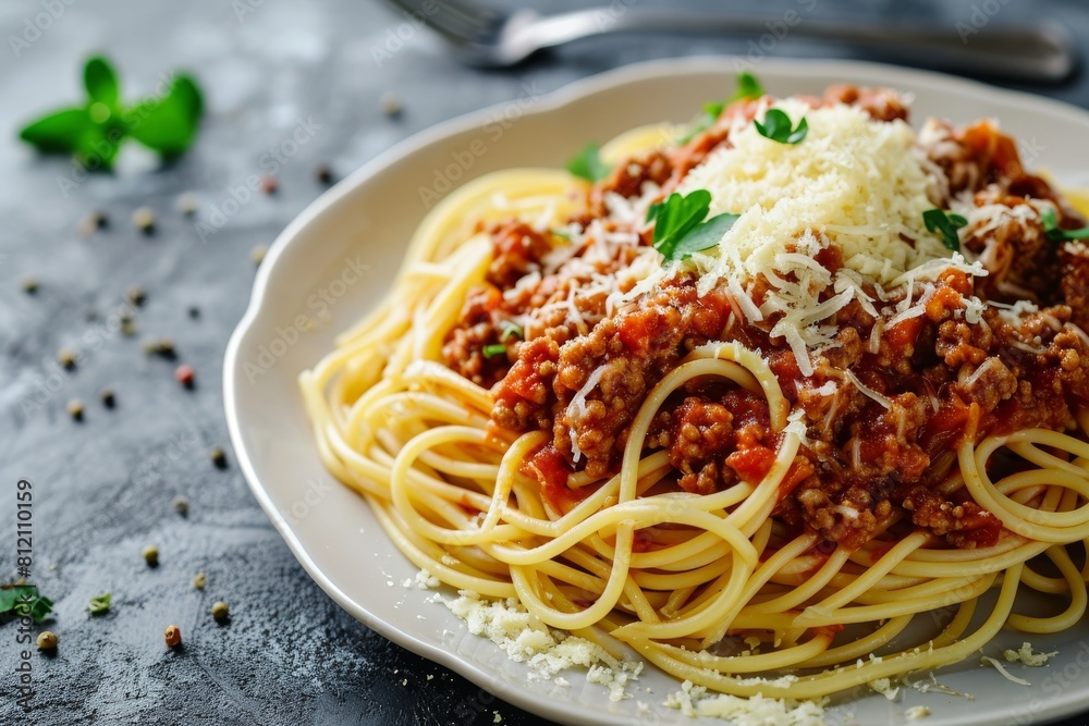 Pasta on a white plate on a gray background. Bolognese sauce. Popular Italian food, Ai generated Pasta on a white plate on a gray background. Bolognese sauce. Popular Italian food, Ai generated