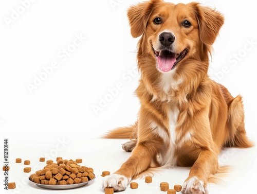 Dog sits next to plate full of kibble  dog sits with plate of kibble.