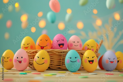 Colorful Easter eggs and smiley faces inside basket, Colorful Easter eggs and basket.