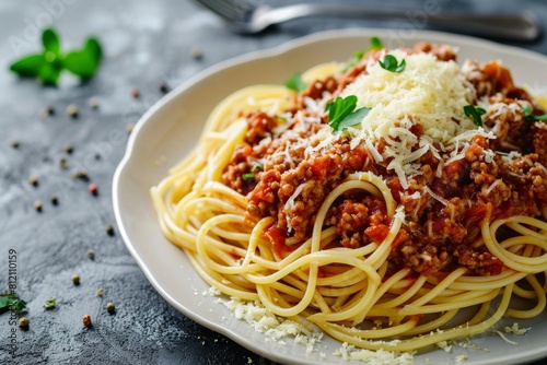 Pasta on a white plate on a gray background. Bolognese sauce. Popular Italian food, Ai generated