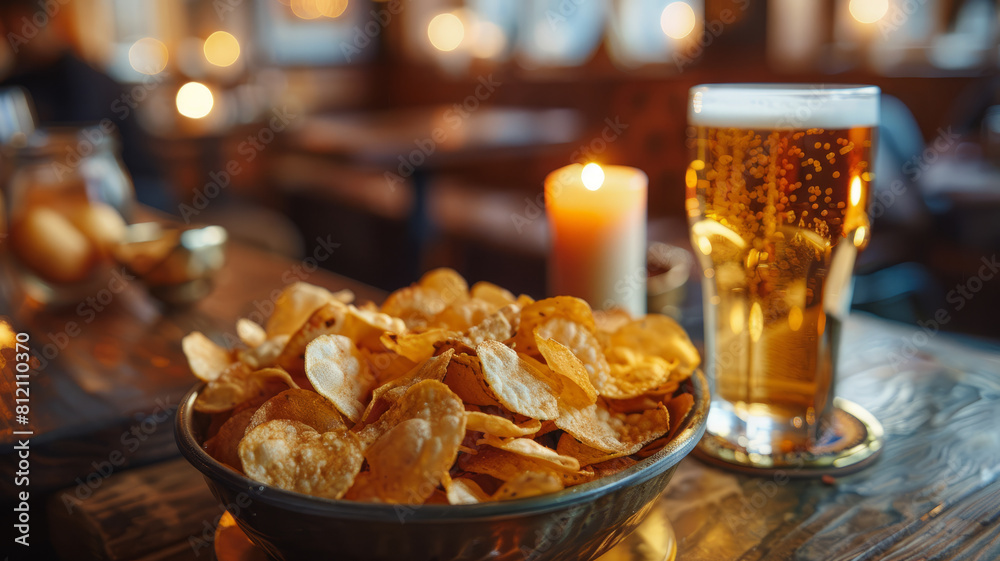 A pint of beer with a bowl of chips in a bar A pint of beer with a bowl of chips in a bar