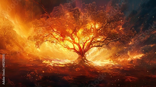 divine miracle burning bush engulfed in flames yet unconsumed biblical scene vibrant digital painting photo