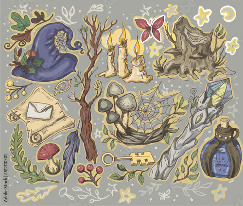 Witch hat watercolor hand drawn forest fairy tale mushrooms and leaves witchcraft magic on a white background separately cartoon