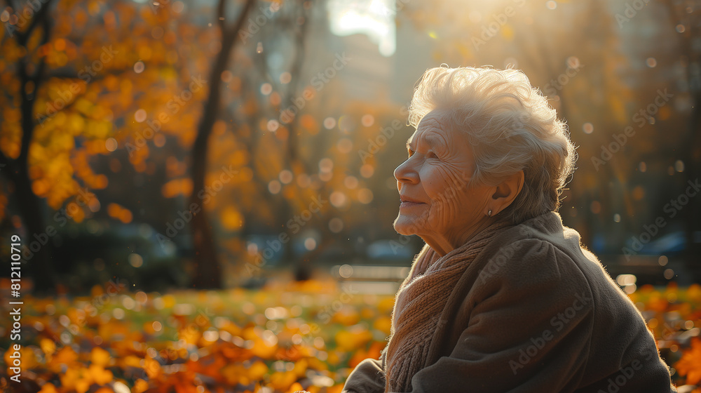 Elderly woman enjoying the warm sunlight in a park with autumn leaves. Golden age and peaceful retirement concept. Design for poster, banner ,gennerlative ai Elderly woman enjoying the warm sunlight in a park with autumn leaves. Golden age and peaceful retirement concept. Design for poster, banner ,gennerlative ai