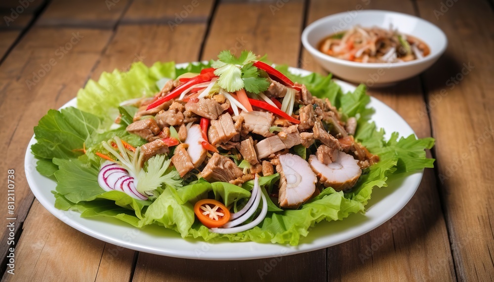 Thai cuisine spicy pork salad on wood background or Yum Moo Yor Thai cuisine spicy pork salad on wood background or Yum Moo Yor