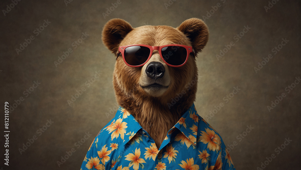 a bear wearing sunglasses and hawaii t-shirt