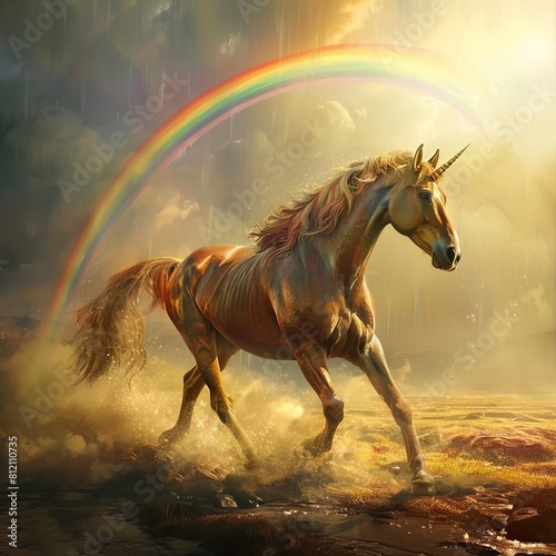A horse with a rainbow on its back is shoot