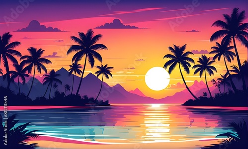 Tropical sunset with palm trees flat vector illustration. Generative AI