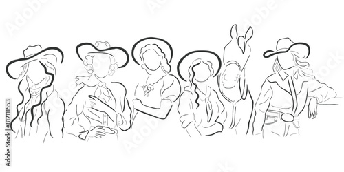 Hand drawn line art vector of Cowgirls with cowboy hats. American rodeo and wild west culture. Brave independent women as cowgirls concept.