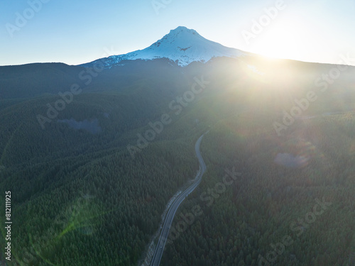 Early morning light illuminates Mount Hood, Oregon. Part of the Cascade Mountain Range, this scenic stratovolcano, usually covered with snow, is not far from the city of Portland.