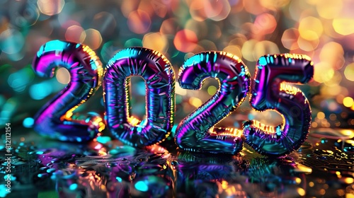 Shiny balloons form the number 2025 against a colorful, glittery background