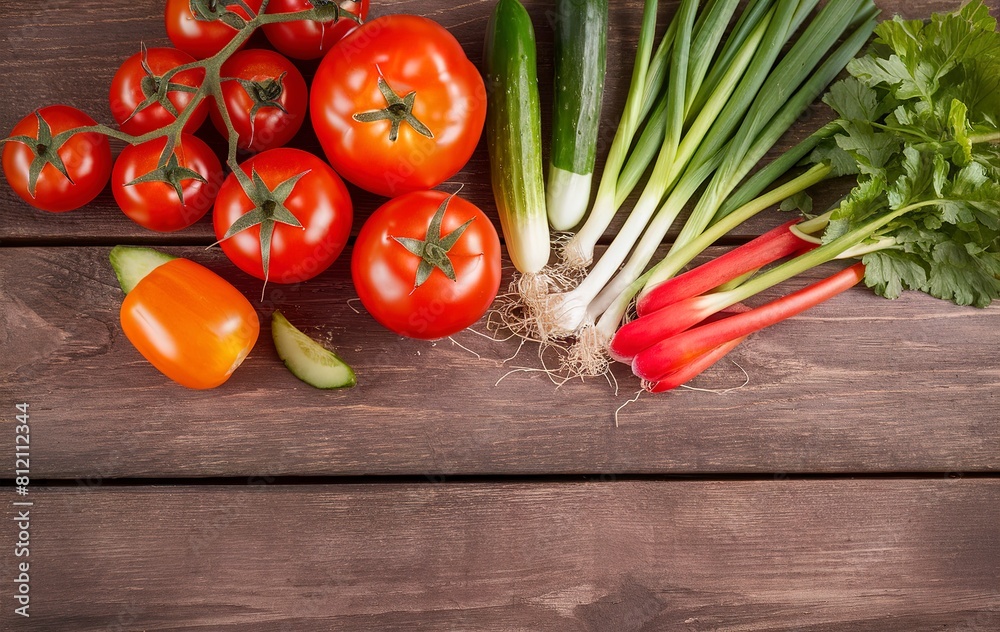 Fresh tomato vegetables, cucumbers and green onions on a brown wooden background Fresh tomato vegetables, cucumbers and green onions on a brown wooden background