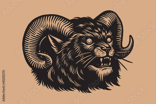 Damn best . A terrible demonic beast. cat with horns. Vintage engraving illustration, emblem, logo, icon