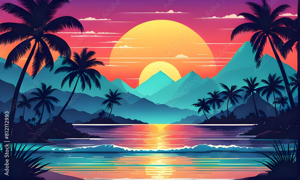 Tropical sunset with palm trees flat vector illustration. Generative AI Tropical sunset with palm trees flat vector illustration. Generative AI