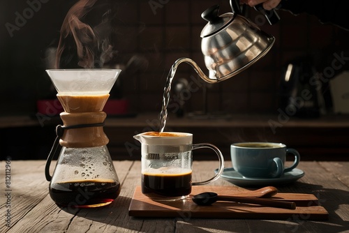 Making pour over coffee with hot water being poured from a kettle photo