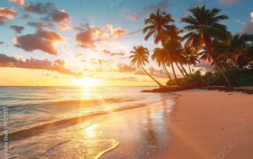 A beautiful beach with palm trees and a sunset in the background. The sky is filled with clouds  creating a serene and peaceful atmosphere