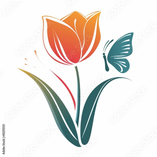 Tulip Flower and Butterfly on White Background