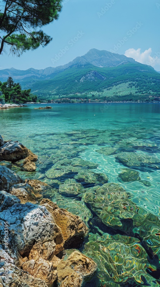 A beautiful mountain range is reflected in the water of a lake. The scene is serene and peaceful, with the water appearing calm and still A beautiful mountain range is reflected in the water of a lake. The scene is serene and peaceful, with the water appearing calm and still