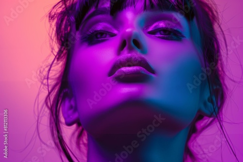 Artistic Portrait of Beautiful Woman with Colorful Purple Lighting, Fashion Concept