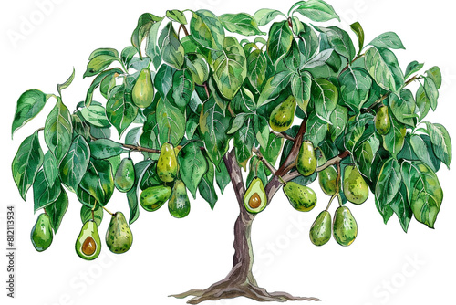 Avocado tree with ripe fruits 2D illustration Clipart 
