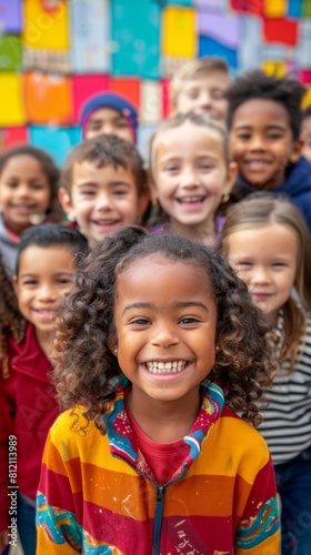 A group of children are smiling and posing for a picture. Scene is happy and joyful