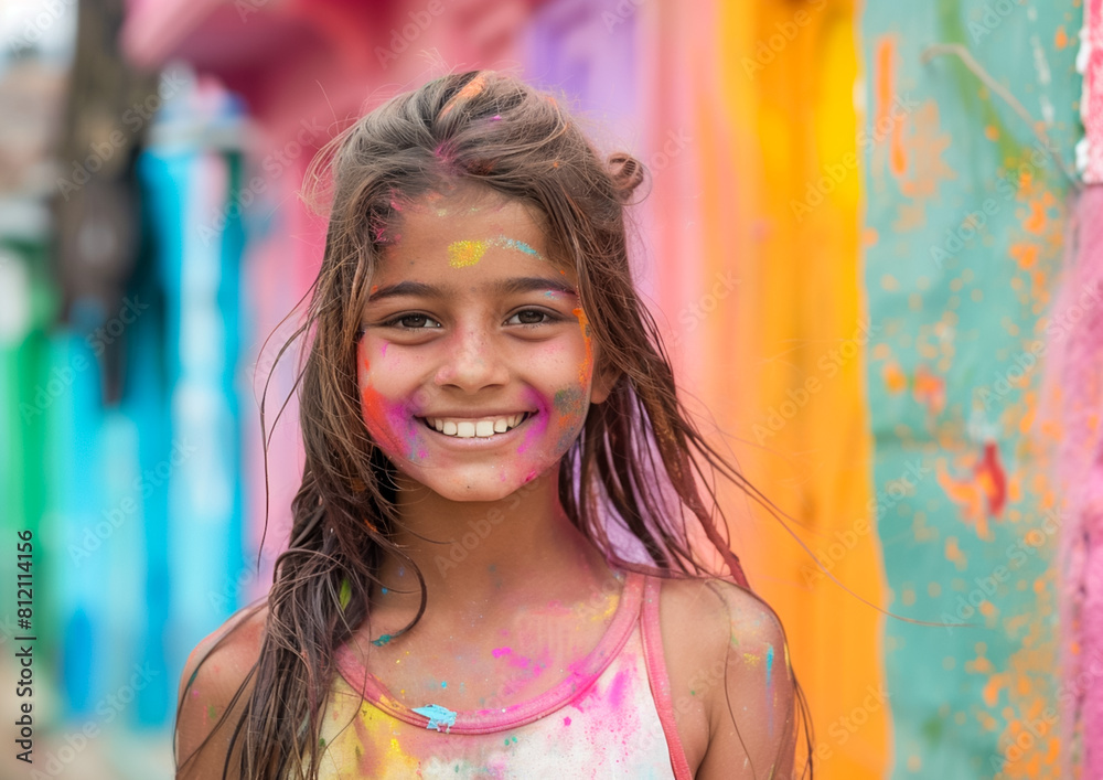 Fototapeta premium Portrait of Indian girl enjoying at Holi festival.