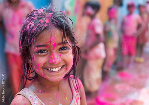 Portrait of  Indian girl enjoying at Holi festival.