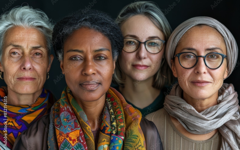 Four women with glasses and scarves are standing together. The women are of different ages and ethnicities, but they all have a similar look. Scene is one of unity and diversity Four women with glasses and scarves are standing together. The women are of different ages and ethnicities, but they all have a similar look. Scene is one of unity and diversity